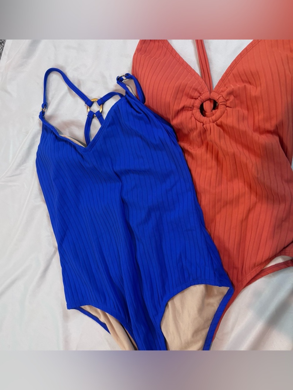 Kona Sol Swimsuits Lot Of 2 Royal Blue Pumpkin Orange Sz L Textured Stripes